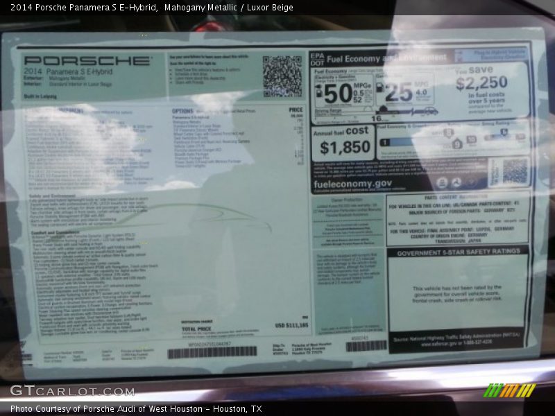  2014 Panamera S E-Hybrid Window Sticker