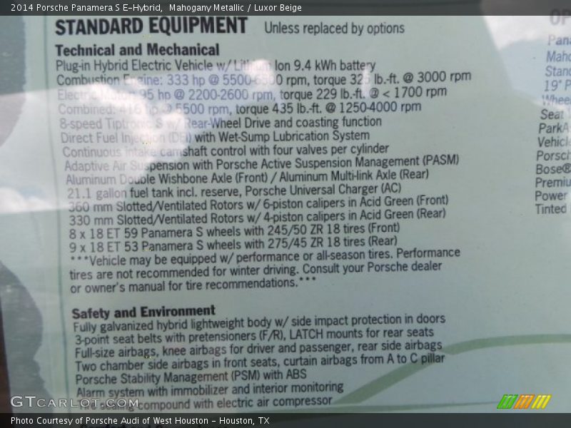  2014 Panamera S E-Hybrid Window Sticker