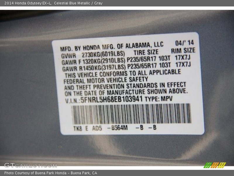 Celestial Blue Metallic / Gray 2014 Honda Odyssey EX-L