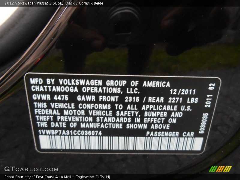 Black / Cornsilk Beige 2012 Volkswagen Passat 2.5L SE