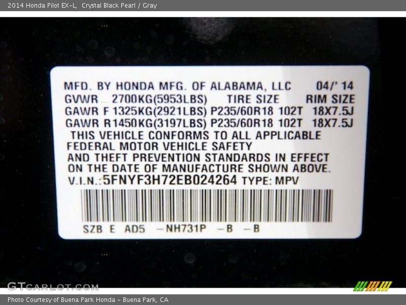 Crystal Black Pearl / Gray 2014 Honda Pilot EX-L