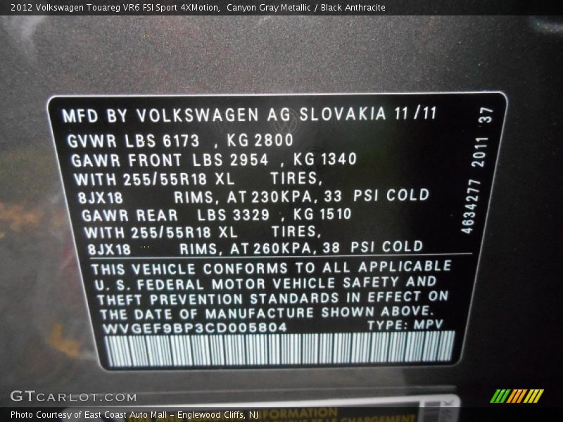 Canyon Gray Metallic / Black Anthracite 2012 Volkswagen Touareg VR6 FSI Sport 4XMotion