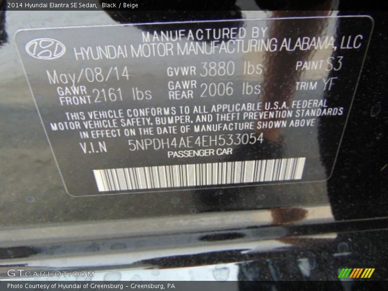 Black / Beige 2014 Hyundai Elantra SE Sedan