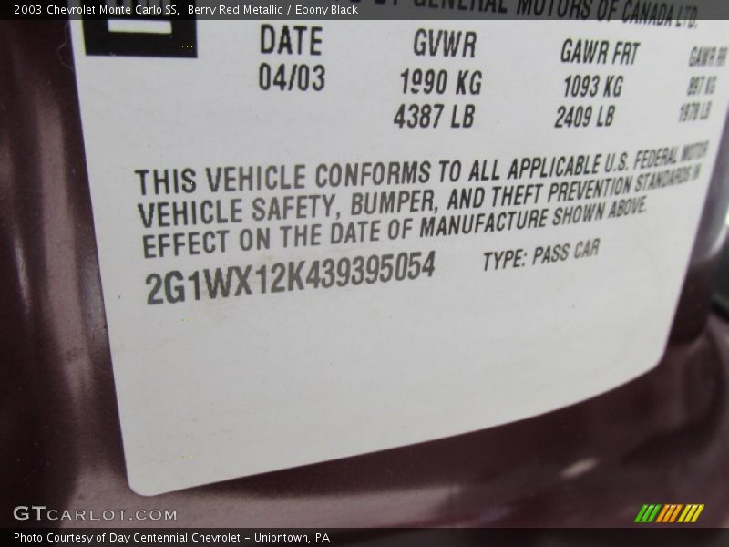 Berry Red Metallic / Ebony Black 2003 Chevrolet Monte Carlo SS