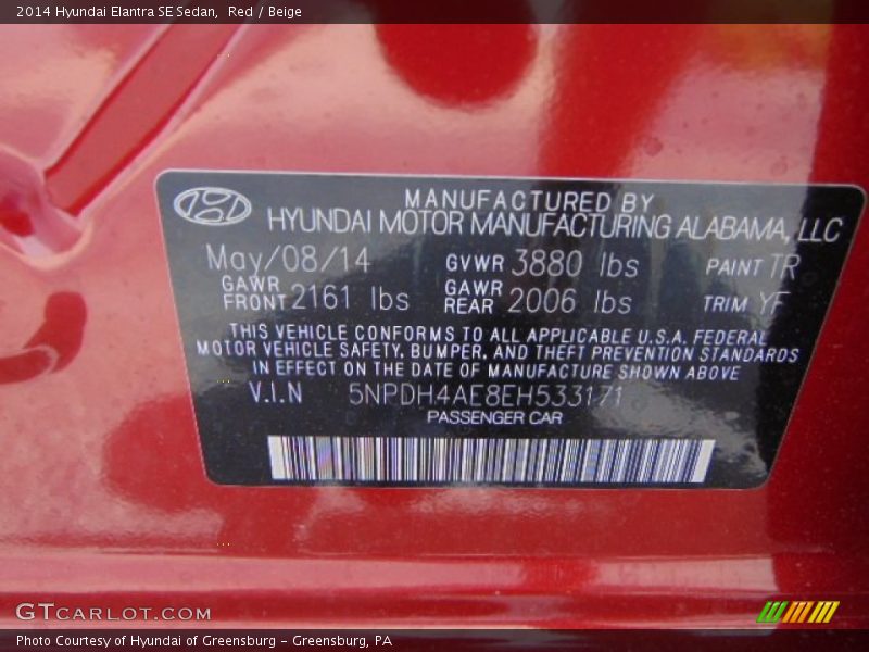 Red / Beige 2014 Hyundai Elantra SE Sedan