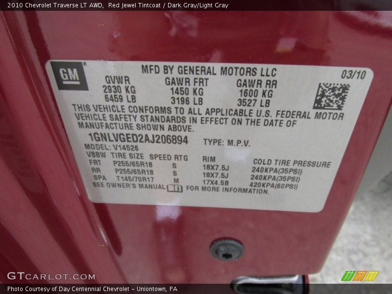 Red Jewel Tintcoat / Dark Gray/Light Gray 2010 Chevrolet Traverse LT AWD