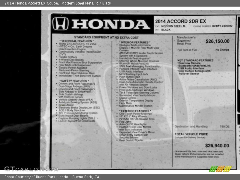 Modern Steel Metallic / Black 2014 Honda Accord EX Coupe