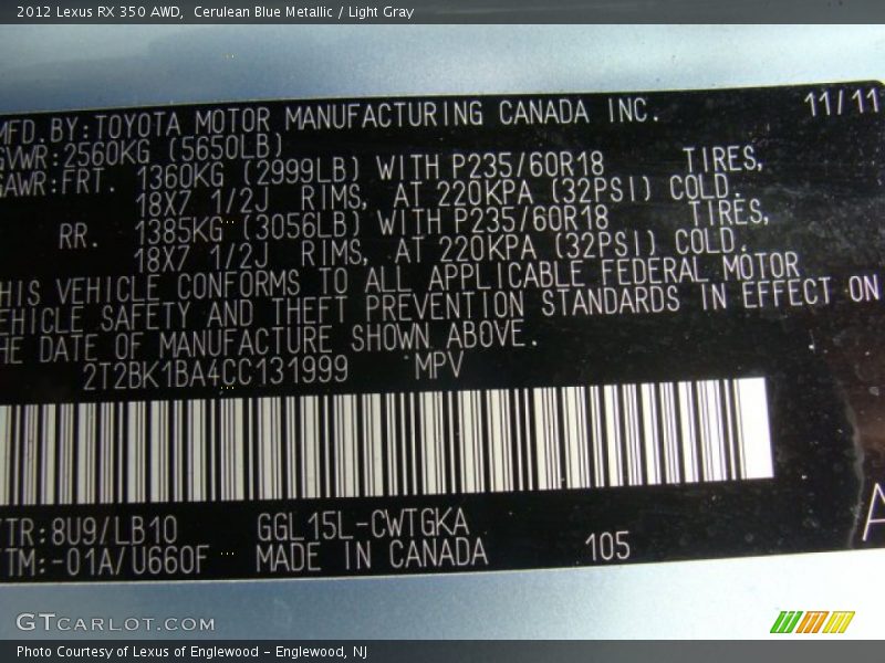 Cerulean Blue Metallic / Light Gray 2012 Lexus RX 350 AWD