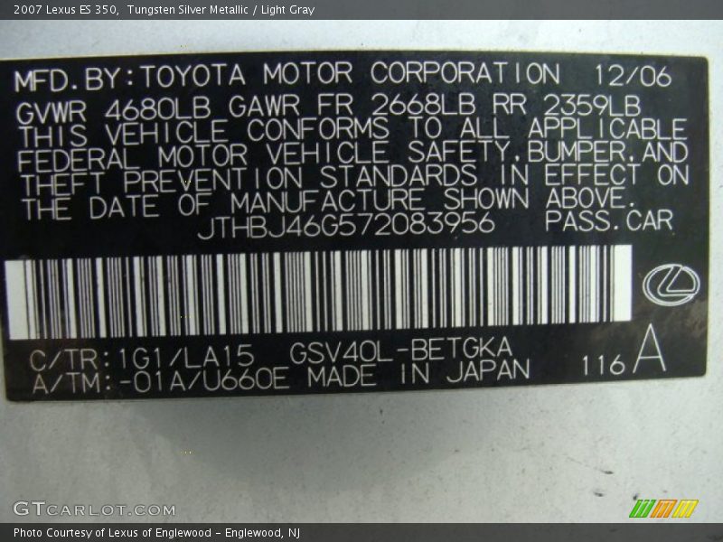 Tungsten Silver Metallic / Light Gray 2007 Lexus ES 350