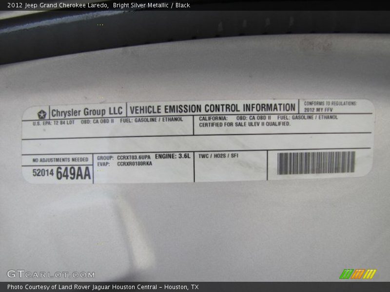 Bright Silver Metallic / Black 2012 Jeep Grand Cherokee Laredo