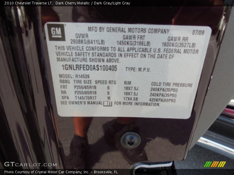 Dark Cherry Metallic / Dark Gray/Light Gray 2010 Chevrolet Traverse LT