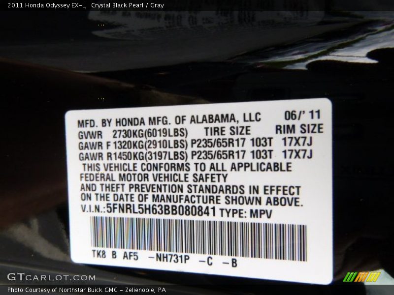 Crystal Black Pearl / Gray 2011 Honda Odyssey EX-L