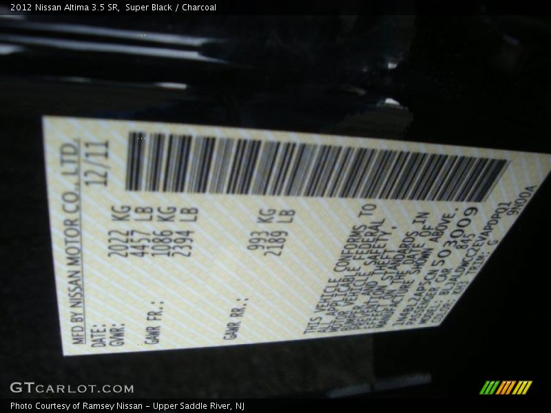 Super Black / Charcoal 2012 Nissan Altima 3.5 SR