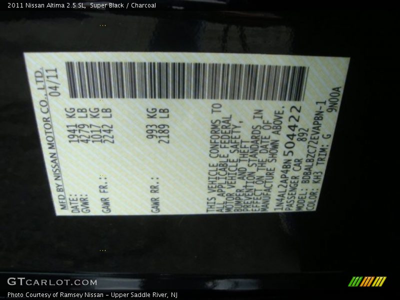 Super Black / Charcoal 2011 Nissan Altima 2.5 SL