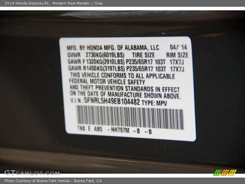 Modern Steel Metallic / Gray 2014 Honda Odyssey EX