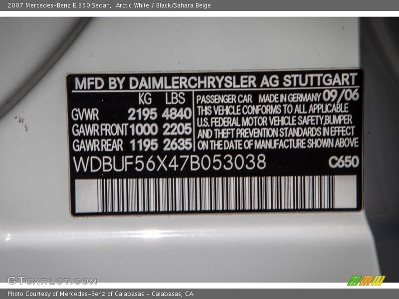 2007 E 350 Sedan Arctic White Color Code 650