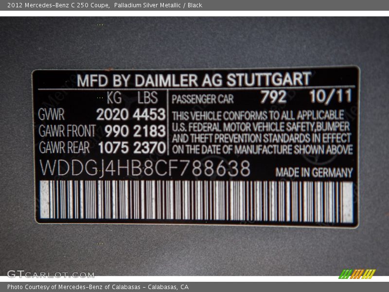 Palladium Silver Metallic / Black 2012 Mercedes-Benz C 250 Coupe