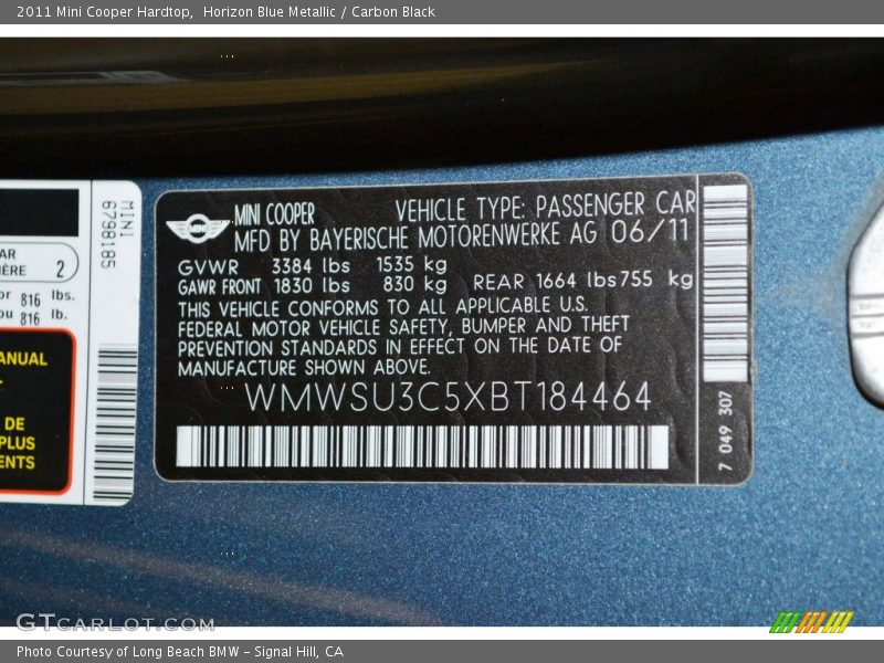 Horizon Blue Metallic / Carbon Black 2011 Mini Cooper Hardtop