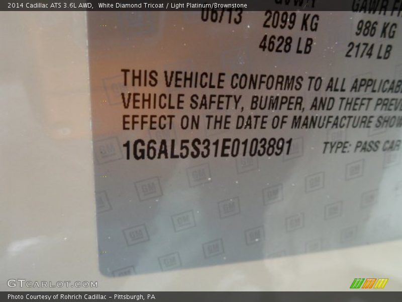 White Diamond Tricoat / Light Platinum/Brownstone 2014 Cadillac ATS 3.6L AWD