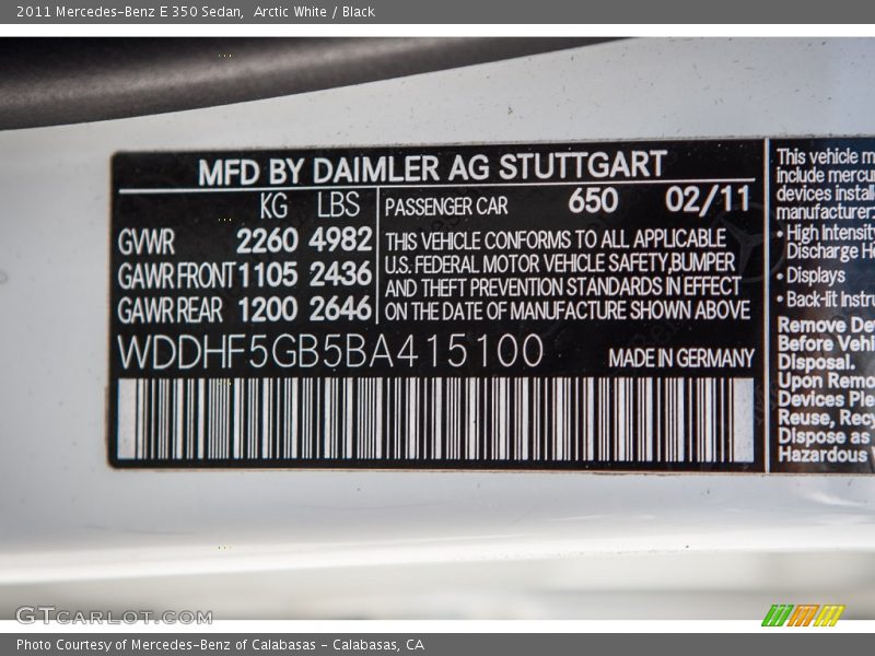 Arctic White / Black 2011 Mercedes-Benz E 350 Sedan