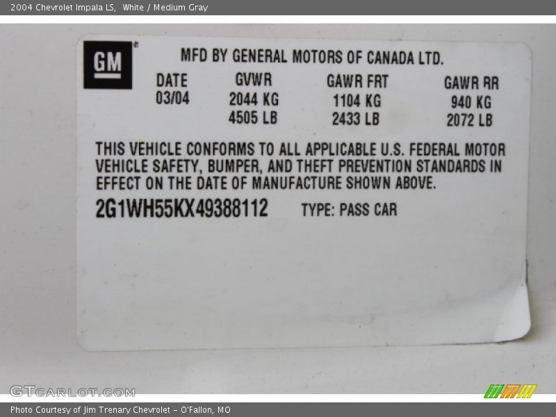 White / Medium Gray 2004 Chevrolet Impala LS