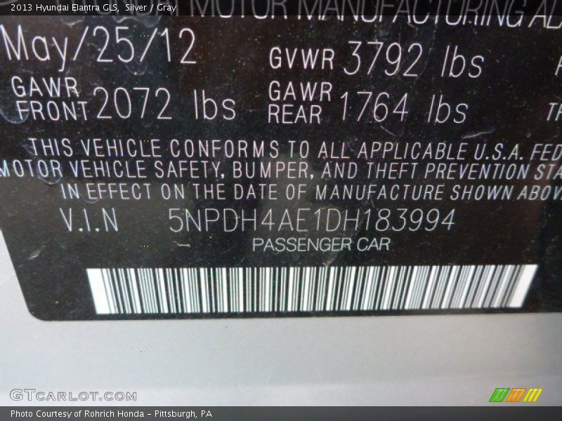 Silver / Gray 2013 Hyundai Elantra GLS