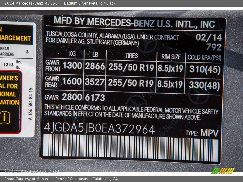 Paladium Silver Metallic / Black 2014 Mercedes-Benz ML 350