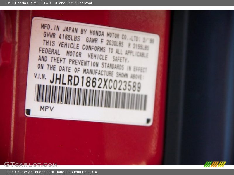 Milano Red / Charcoal 1999 Honda CR-V EX 4WD