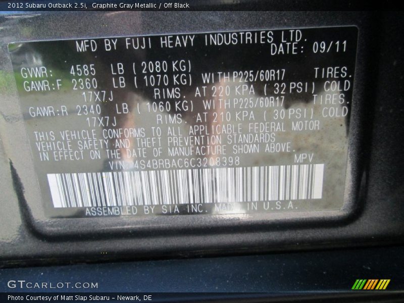 Graphite Gray Metallic / Off Black 2012 Subaru Outback 2.5i