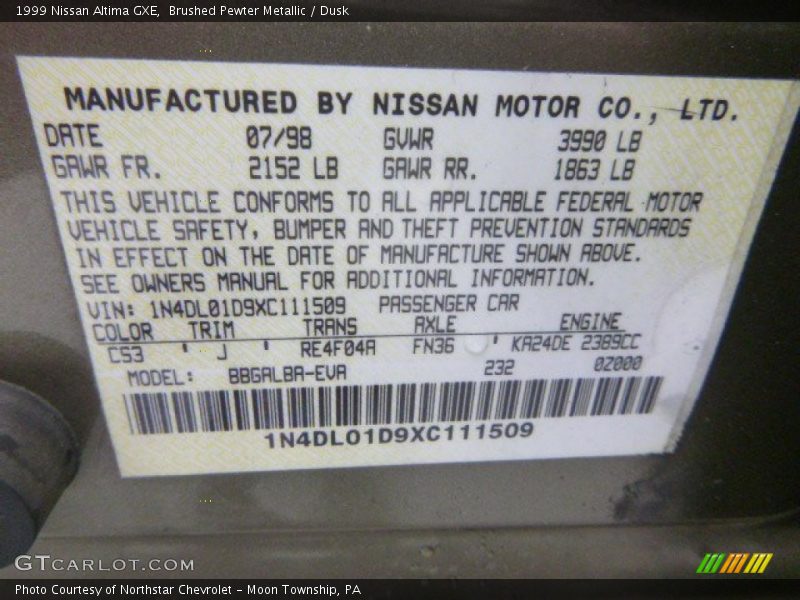 1999 Altima GXE Brushed Pewter Metallic Color Code CS3