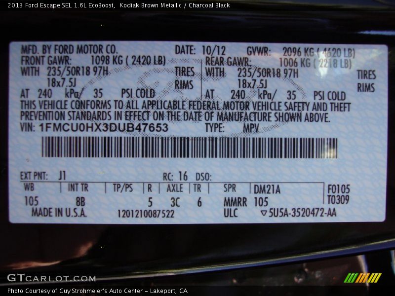 Kodiak Brown Metallic / Charcoal Black 2013 Ford Escape SEL 1.6L EcoBoost