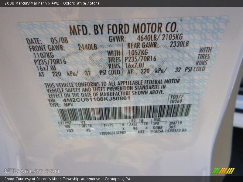 Oxford White / Stone 2008 Mercury Mariner V6 4WD