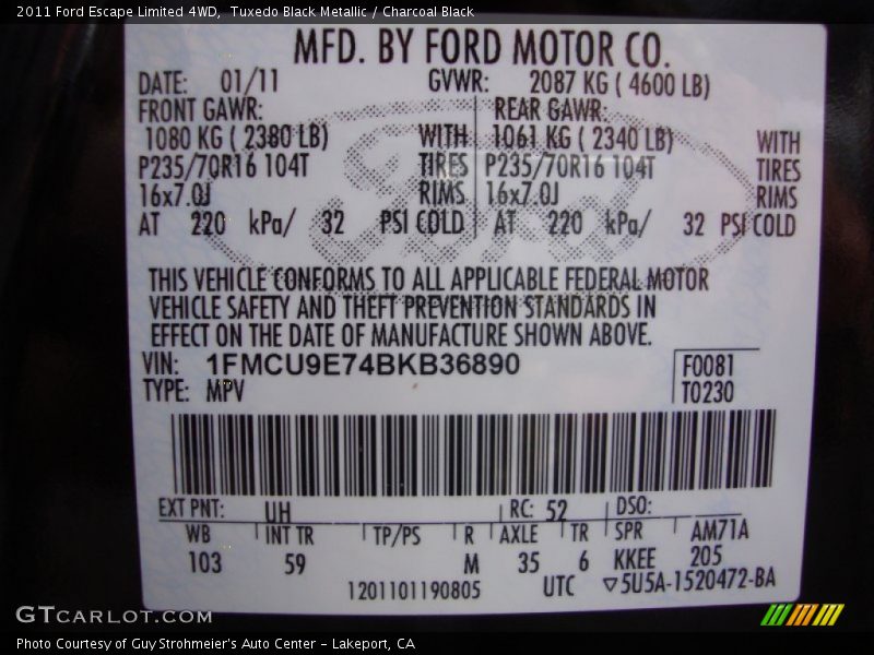 Tuxedo Black Metallic / Charcoal Black 2011 Ford Escape Limited 4WD
