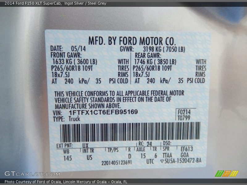 2014 F150 XLT SuperCab Ingot Silver Color Code UX