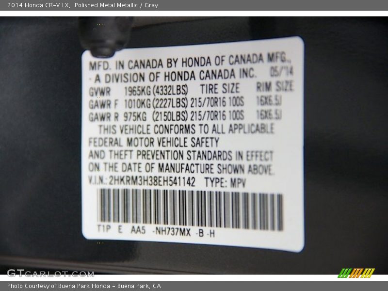 Polished Metal Metallic / Gray 2014 Honda CR-V LX
