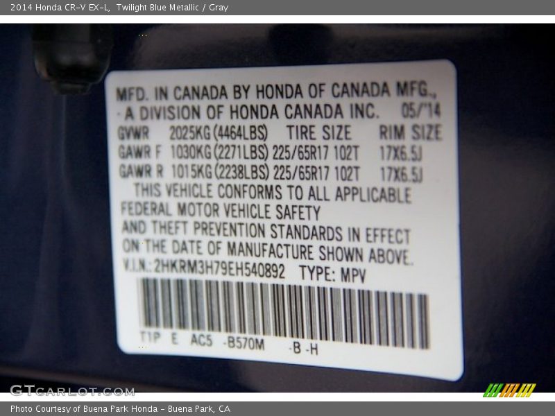 Twilight Blue Metallic / Gray 2014 Honda CR-V EX-L