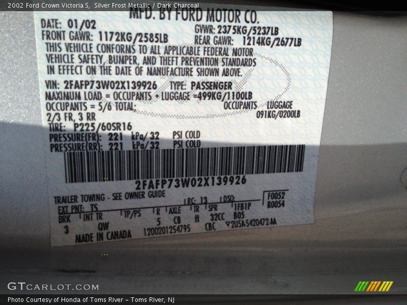 2002 Crown Victoria S Silver Frost Metallic Color Code TS