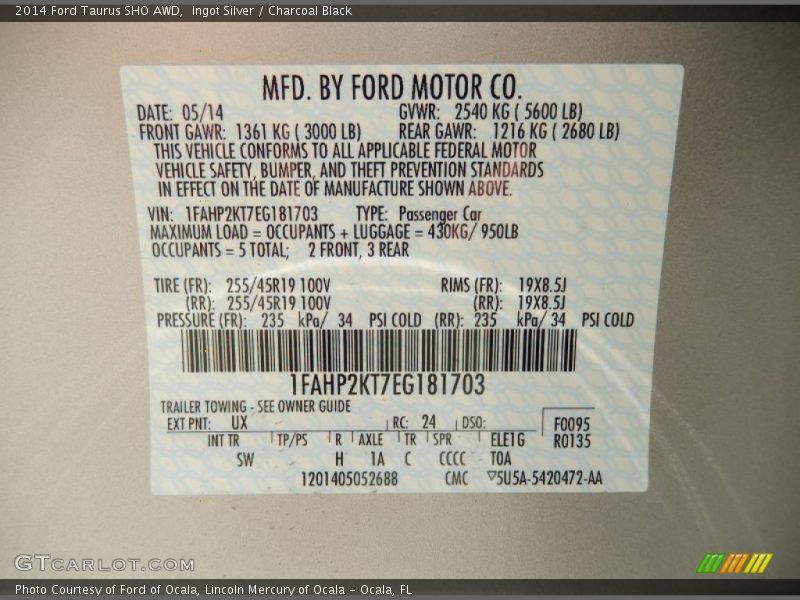 2014 Taurus SHO AWD Ingot Silver Color Code UX