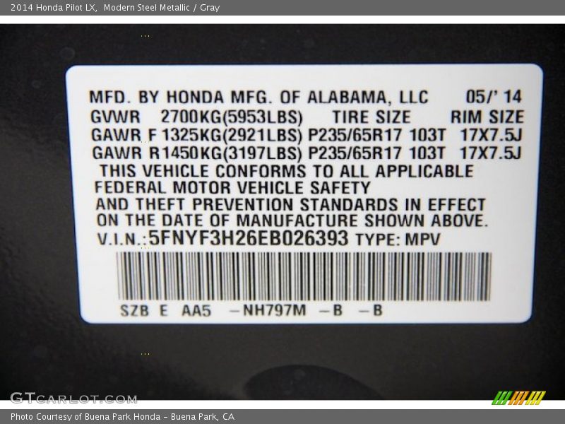 Modern Steel Metallic / Gray 2014 Honda Pilot LX