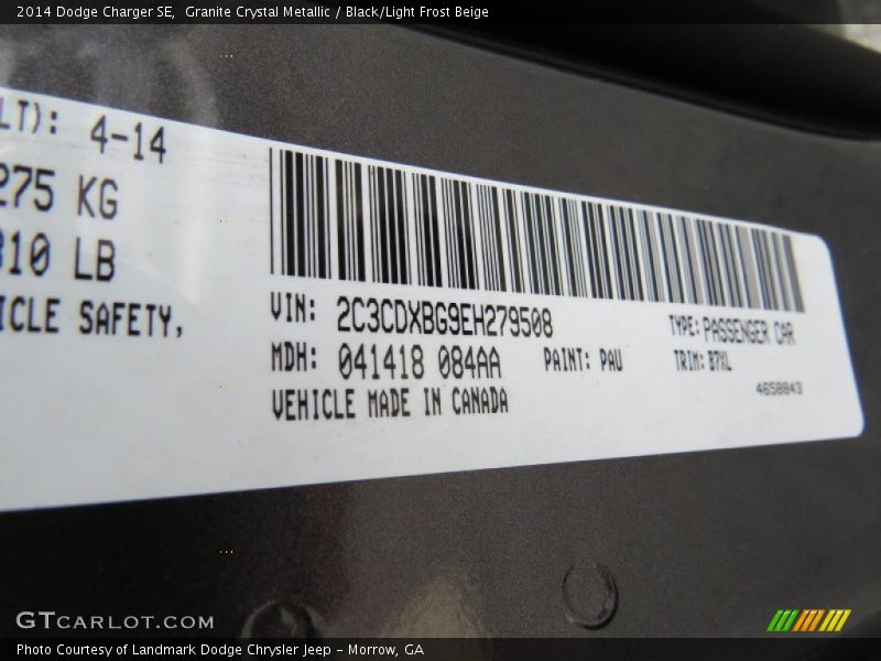Granite Crystal Metallic / Black/Light Frost Beige 2014 Dodge Charger SE