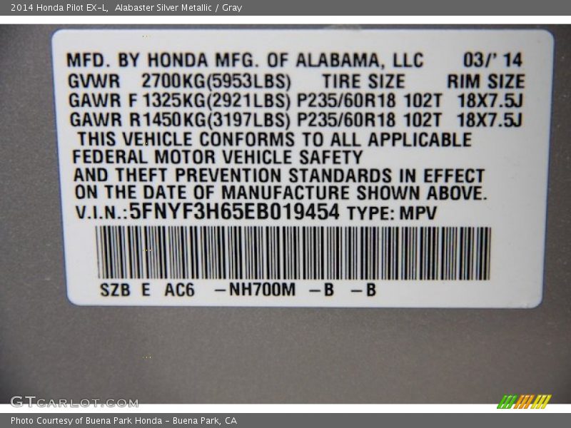 Alabaster Silver Metallic / Gray 2014 Honda Pilot EX-L