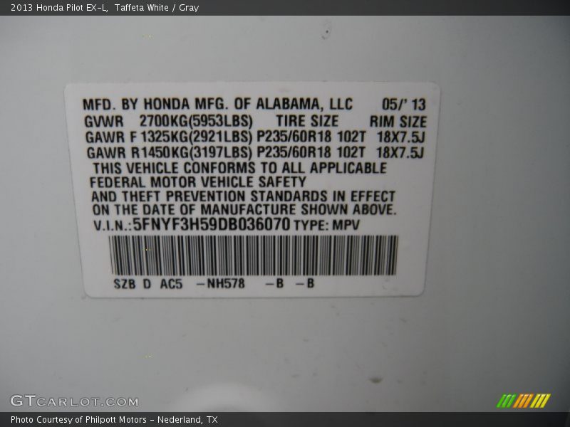 Taffeta White / Gray 2013 Honda Pilot EX-L