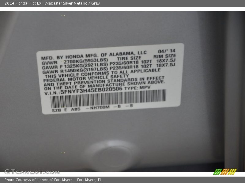 Alabaster Silver Metallic / Gray 2014 Honda Pilot EX