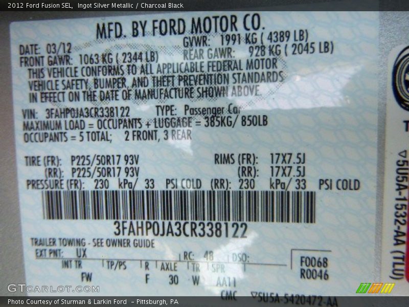 Ingot Silver Metallic / Charcoal Black 2012 Ford Fusion SEL