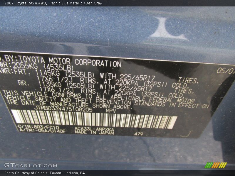 Pacific Blue Metallic / Ash Gray 2007 Toyota RAV4 4WD