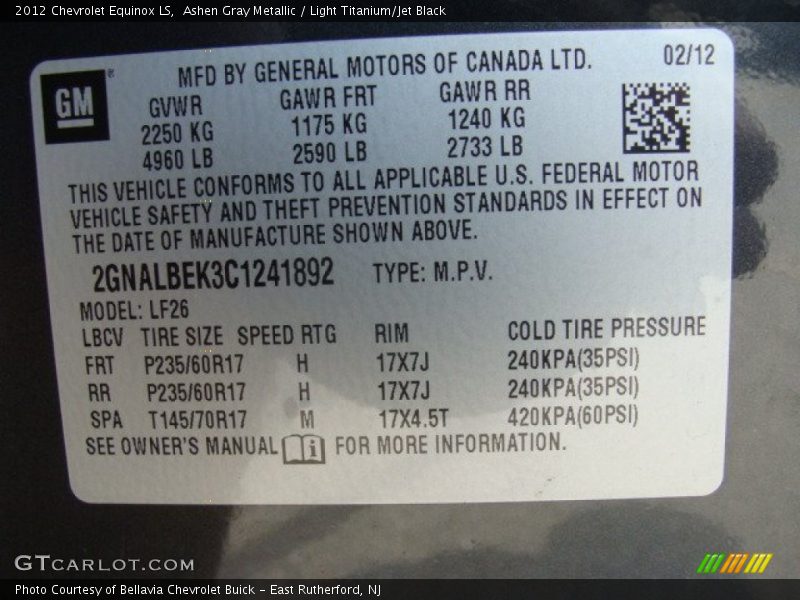 Ashen Gray Metallic / Light Titanium/Jet Black 2012 Chevrolet Equinox LS