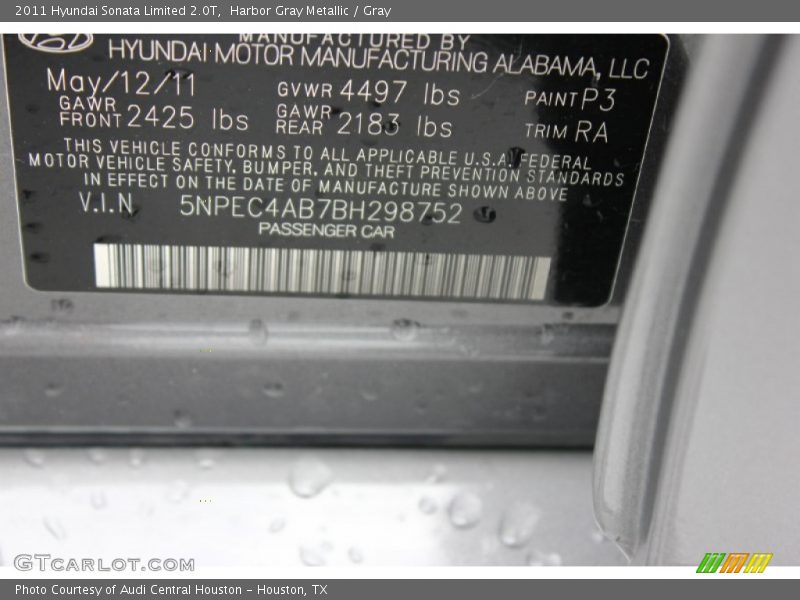 Harbor Gray Metallic / Gray 2011 Hyundai Sonata Limited 2.0T