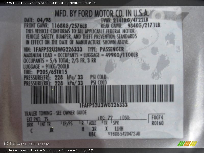 Silver Frost Metallic / Medium Graphite 1998 Ford Taurus SE