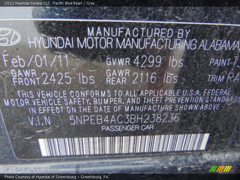 Pacific Blue Pearl / Gray 2011 Hyundai Sonata GLS