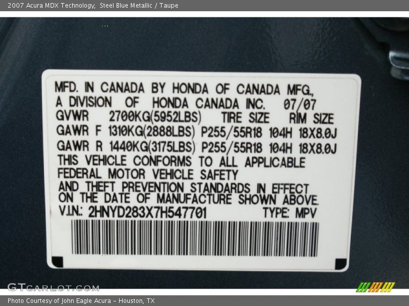 Steel Blue Metallic / Taupe 2007 Acura MDX Technology